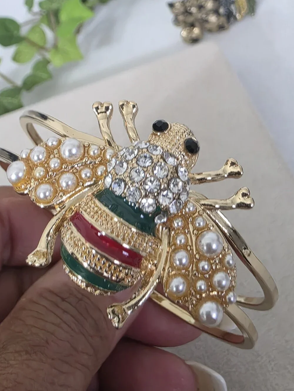 Gold Bumble Bee Pearl & Rhinestone Hinge Bangle Bracelet